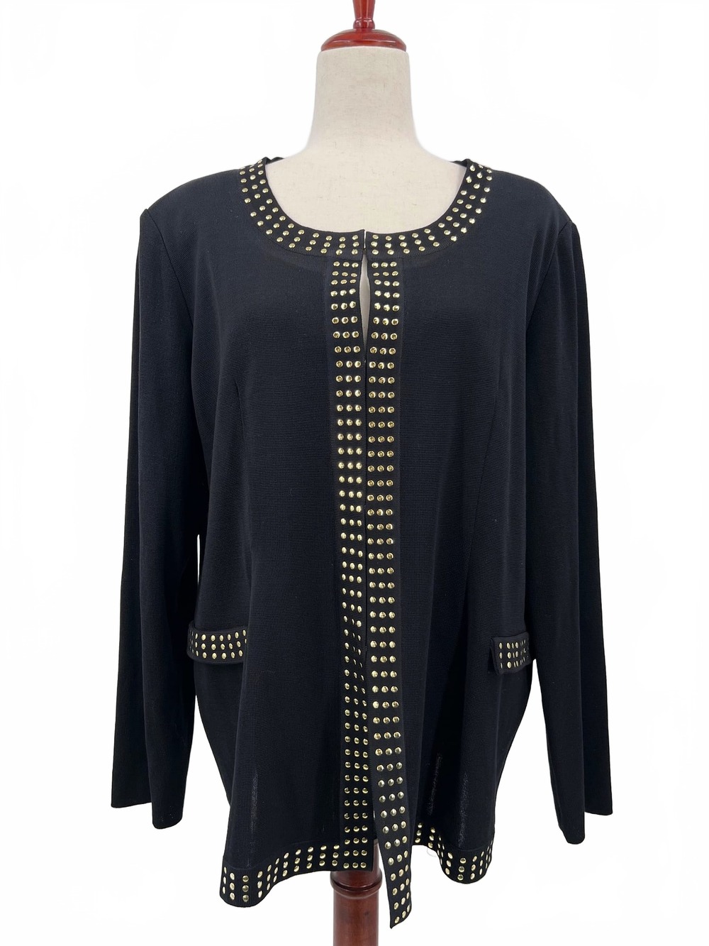 Misook Black Cardigan with Studded Trim | Plus 1X Regular